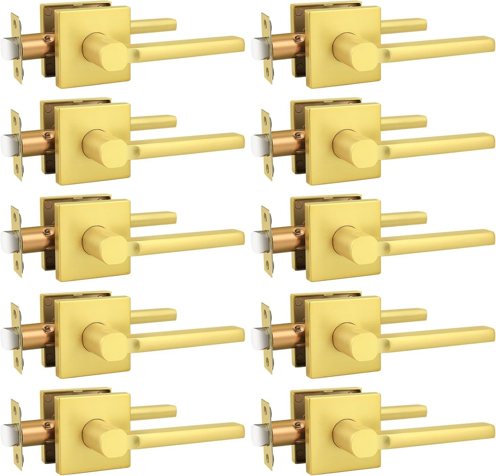 Probrico 10 Pack Passage Lever Gold Door Handle Lock Non-Locking Keyless Square Lever for Hall and Closet with Gold Finish, for Right & Left Side
