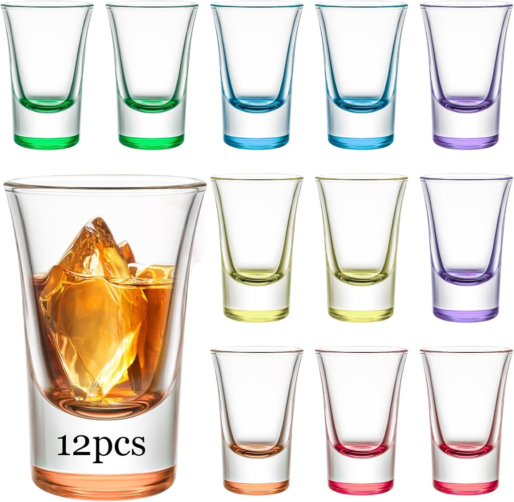 Ruckae 12 Pack 1oz Shot Glasses Set with Heavy Base Gradient Colorful Shot Glasses Bulk for Vodka Tequila Whiskey Liquor