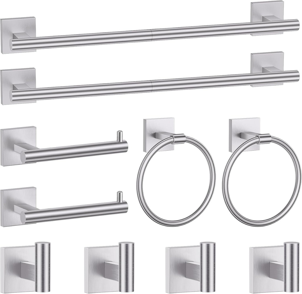 Brushed Nickel Bathroom Hardware Accessories Towel Bar Set, 10 Pieces Bathroom Towel Bar Holder Set, 23.6 Inch Stainless Steel Toilet Paper Holder Towel Racks for Bathroom Wall Mounted