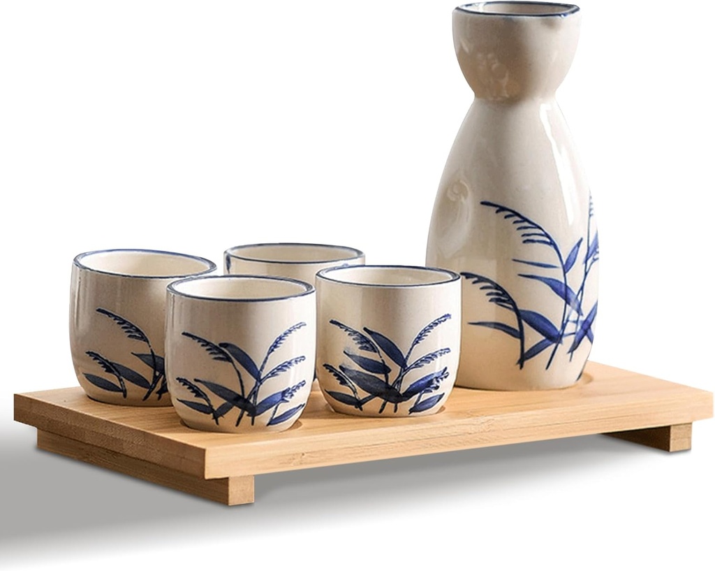 Ceramic Sake Set, 5pcs Japanese Saki Set with 1 Sake Carafe 4 Sake Cups, Saki Cup Set as Gift for Sake Japanese Wine/Hanzo Sake/Soju/Sake Drink/Saki Drink/Tea (Inaho)