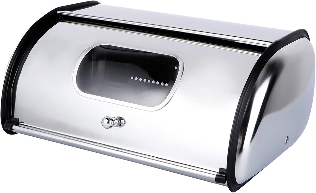 OSKOE Stainless Steel Bread Box for Kitchen Countertop, Bread Storage Bin Container with Roll up Lid and Clear Window, Roll Up Style Bread Bin Organizer (34 x 23 x 14.5 cm)