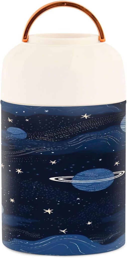 Doodle Blue Planet and Star Pattern Insulated Food Jar, Stainless Steel Vacuum Insulated Bento Box with Leak-Proof, Leak-Proof, Folding Spoon with Handle, Top Carry, 17 Ounce