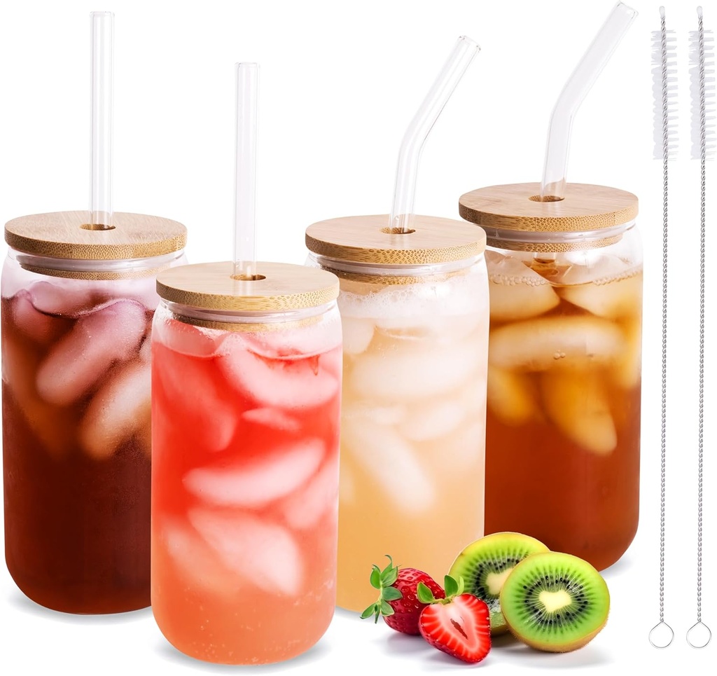 Drinking Glasses 18oz, with Bamboo Lids and Glass Straws, Set of 4, for Mixed Drinks, Cocktails, Beer, Iced Coffee/Tea, Fresh Juice, Smoothies, Parties/Gifts - Includes 2 Straw Cleaners (Clear)
