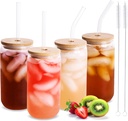 Drinking Glasses 18oz, with Bamboo Lids and Glass Straws, Set of 4, for Mixed Drinks, Cocktails, Beer, Iced Coffee/Tea, Fresh Juice, Smoothies, Parties/Gifts - Includes 2 Straw Cleaners (Clear)