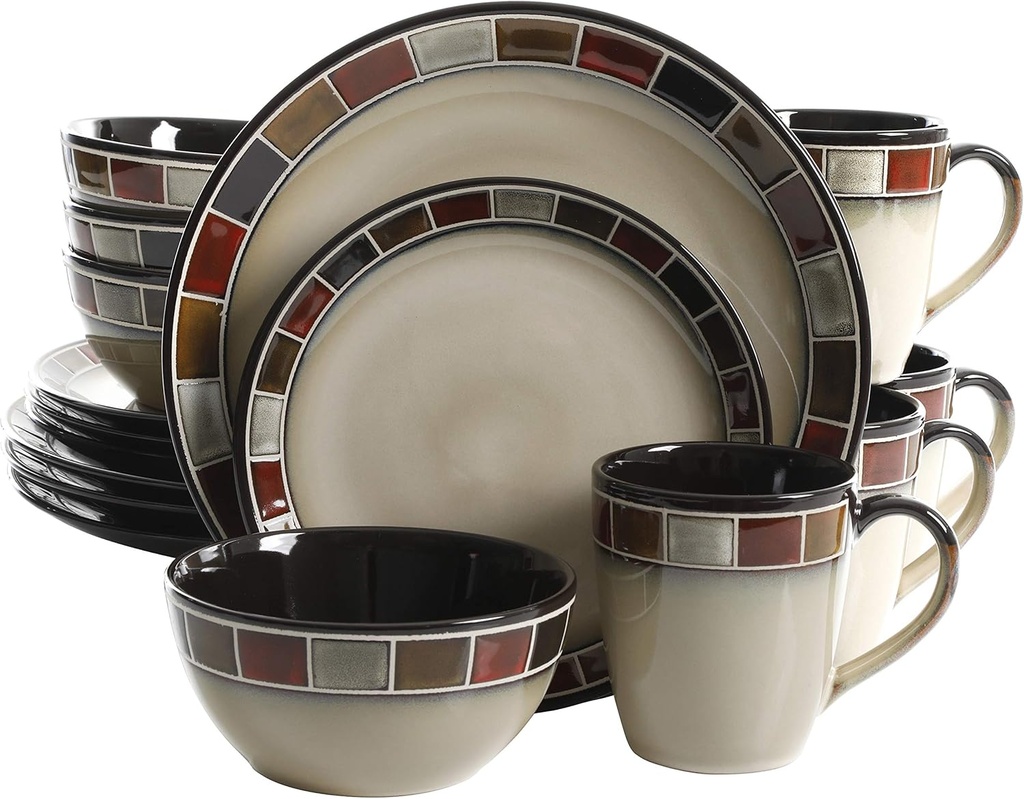 Gibson Elite 114348.16RM Casa Roja 16 Piece Reactive Glaze Dinnerware Set, Cream and Red