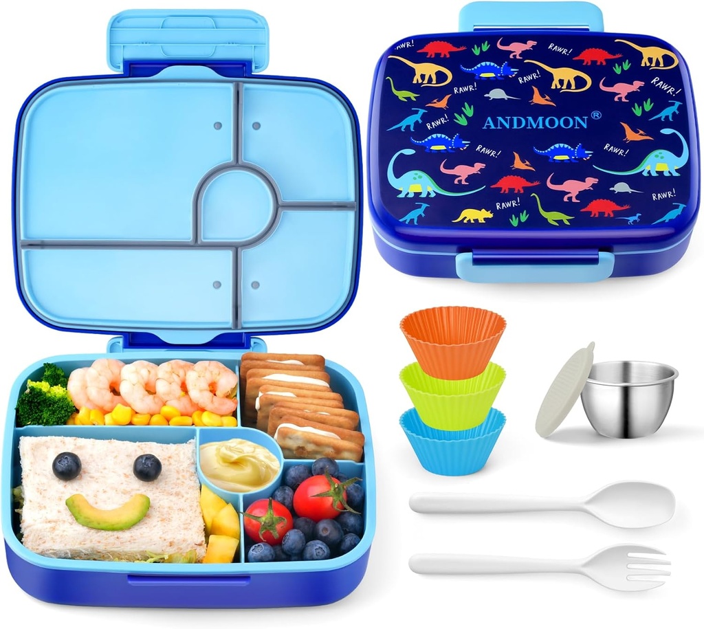 Bento Box for Kids Lunch Box Leak-Proof, Bento Lunch Box with 5 Compartments, Lunch Containers with 3 Silicone Baking Cups, Microwave/Dishwasher Safe (43OZ) (Blue with snack cup)