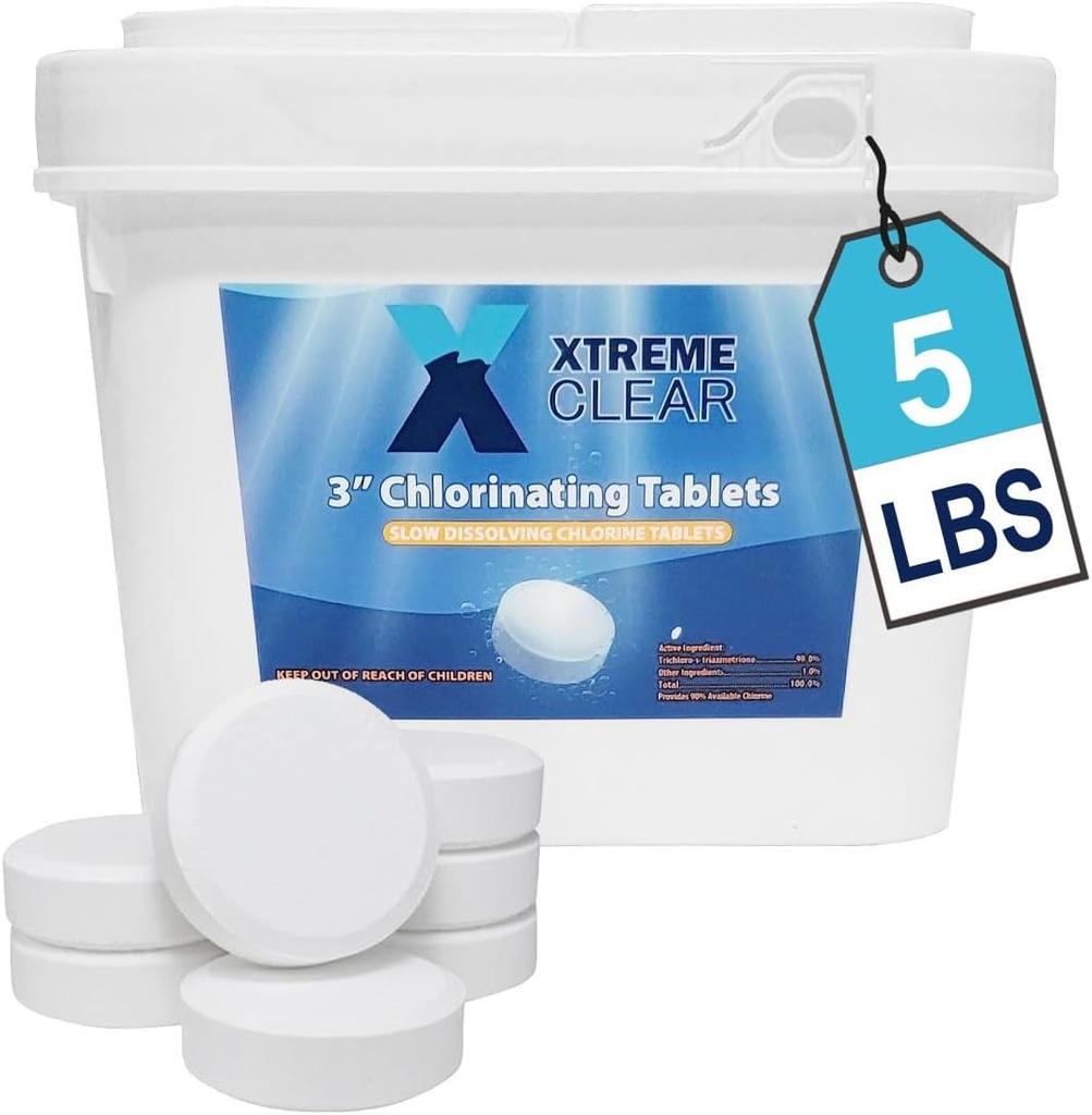 XtremeClear 3 Inch Stabilized Chlorine Tablets for Sanitizing Swimming Pools - Individually Wrapped, Slow Dissolving Chlorine - Tri-Chlor - 5 Pounds