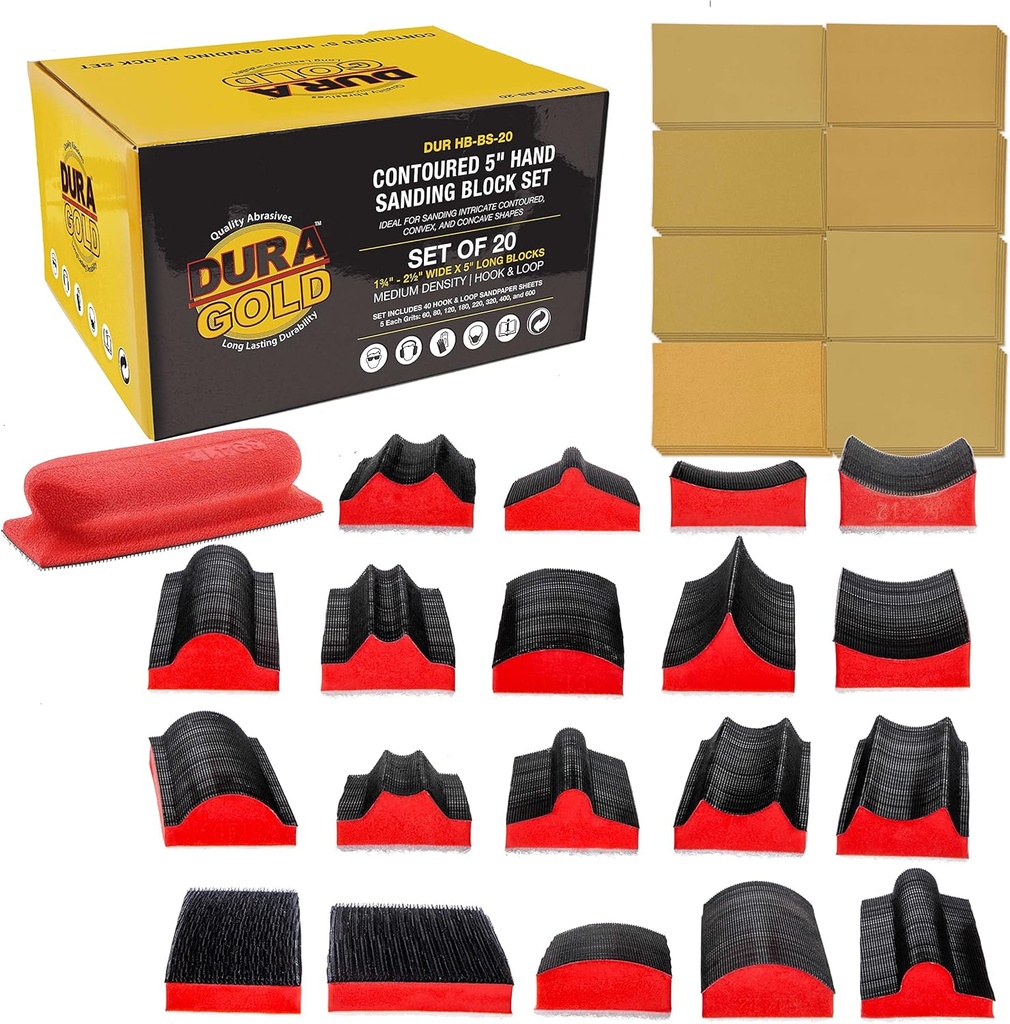 Dura-Gold 20-Piece Contoured Profile 5" Hand Sanding Block Set with 40 Sheet Hook & Loop Sandpaper Kit - Interchangeable Assorted Convex & Concave Shapes - Sand Wood Woodworking Furniture, Auto Paint