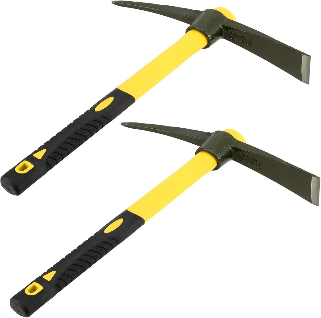 2 PCS 15 Inch Pick Mattock Hoe, Weeding Mattock Hoe with Yellow Fiberglass Handle, Garden Mattock Pick Axe for Loosening Soil, Cultivating and Prospecting, Forged Steel Head