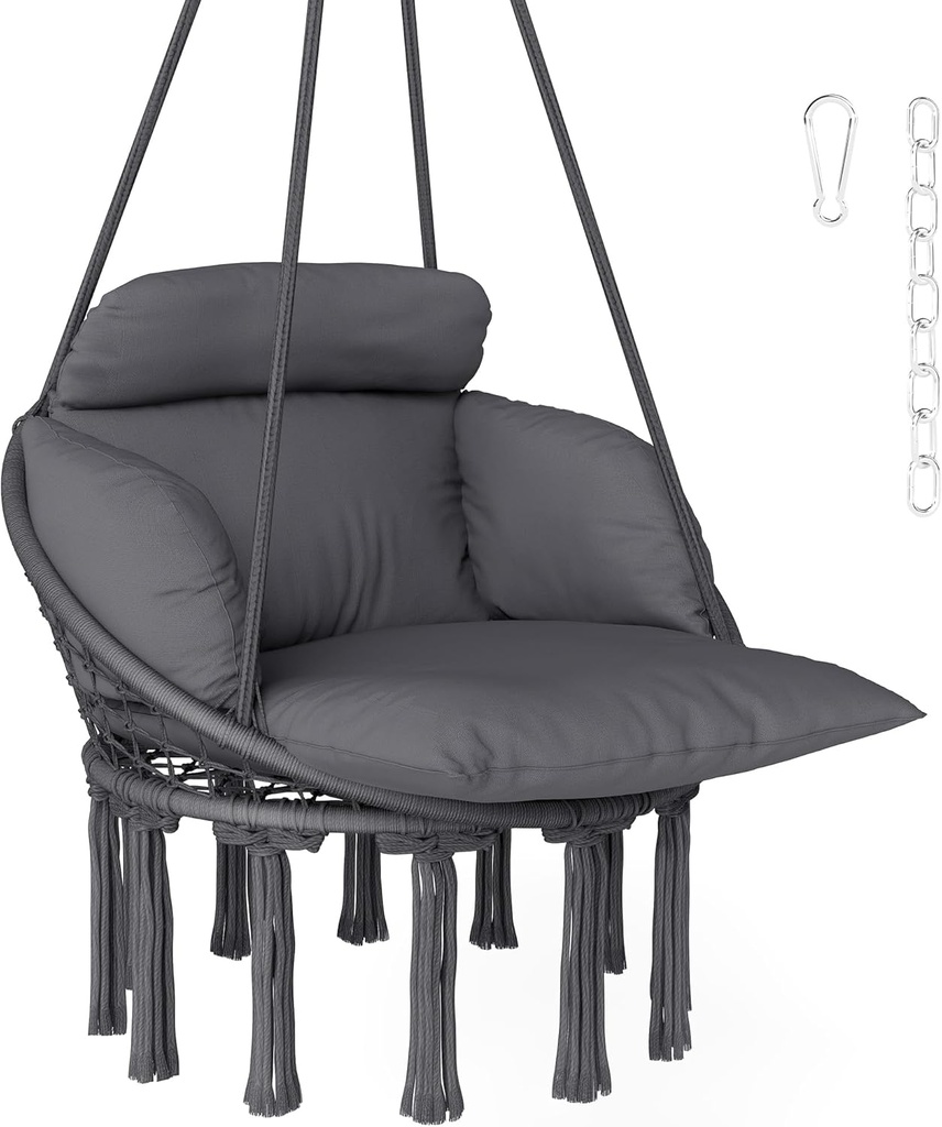 Outsunny Hammock Swing Chair, Outdoor Hanging Chair with Large Cushion, Cotton Rope Weaving Macrame Swing with Chain, 265 LBS Capacity for Indoor, Outdoor, Bedroom, Patio, Balcony, Dark Gray