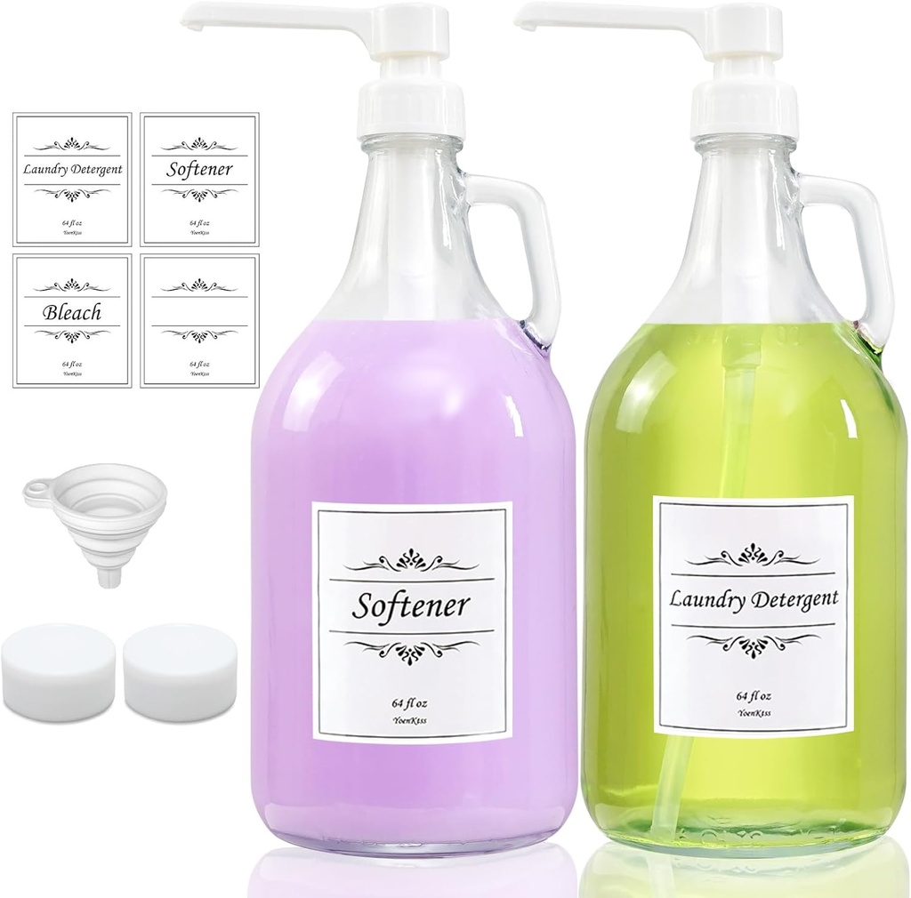 2 Pcs Glass Liquid Laundry Detergent Dispenser with Pump (Upgraded), 64 oz Dispenser for Laundry Room, Half Gallon Glass Jugs with Airtight Lid