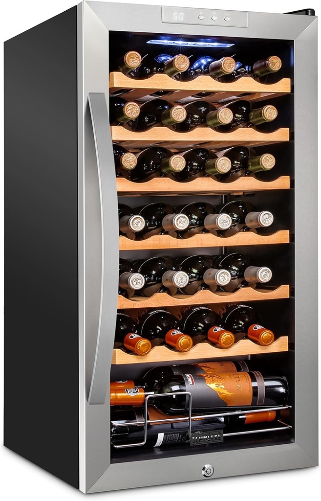 SCHMÉCKÉ 28 Bottle Compressor Wine Cooler Refrigerator w/Lock - Large Freestanding Wine Cellar For Red, White, Champagne or Sparkling Wine - 41f-64f Digital Temperature Control Fridge Stainless Steel