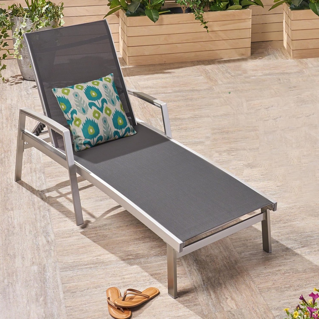 Christopher Knight Home Patio Aluminum Chaise Lounge, Adjustable Mesh Chaise Lounge, 5 Position Backrest Recliner, Lounge Chair with Armrest, Ourdoor Deep Seating Lounge for Poolside Backyard, Grey