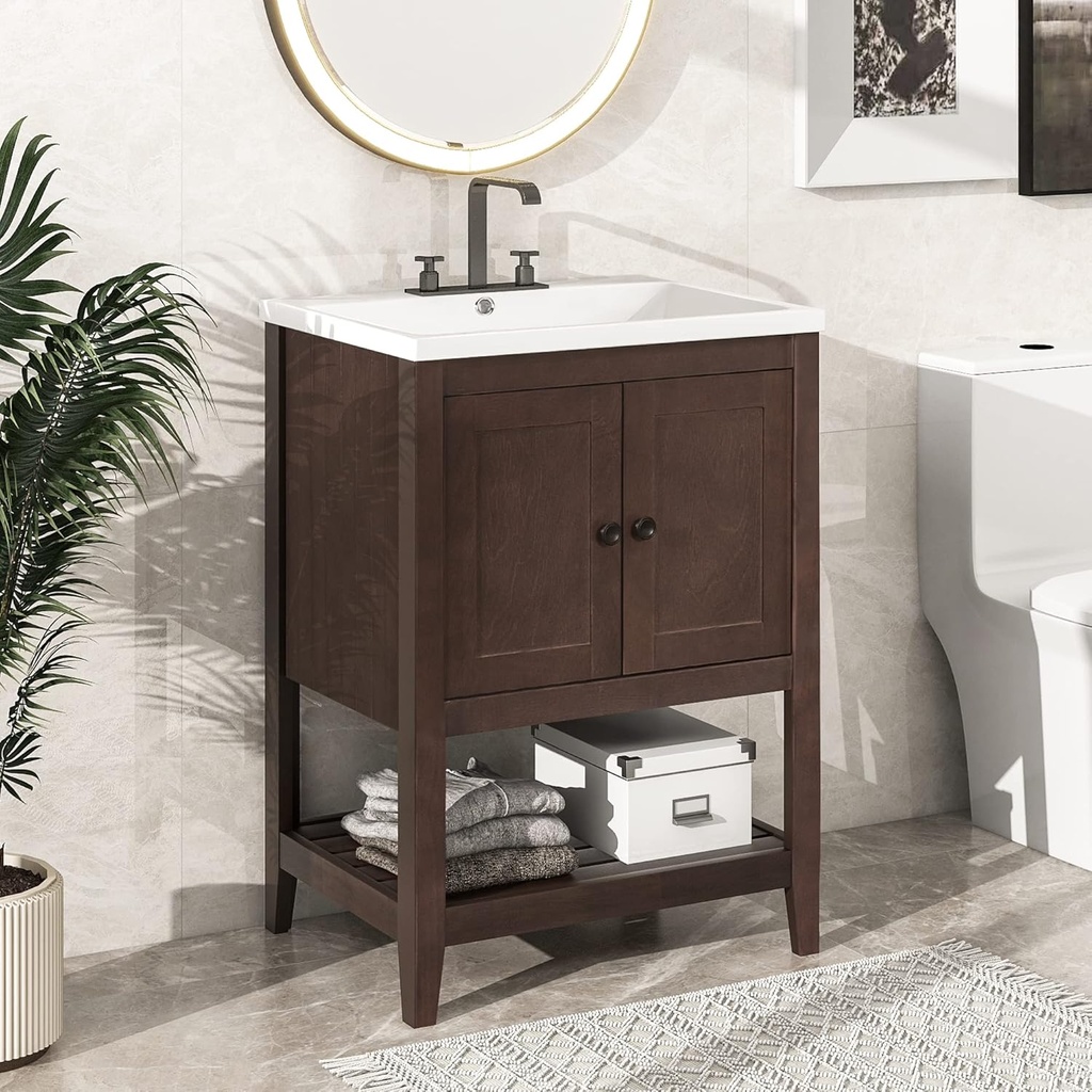 Merax 24 Inch Bathroom Vanity with Sink Set Combo, Cabinet with Doors and Open Shelf, Solid Wood Frame with Painted Finish, Modern Style