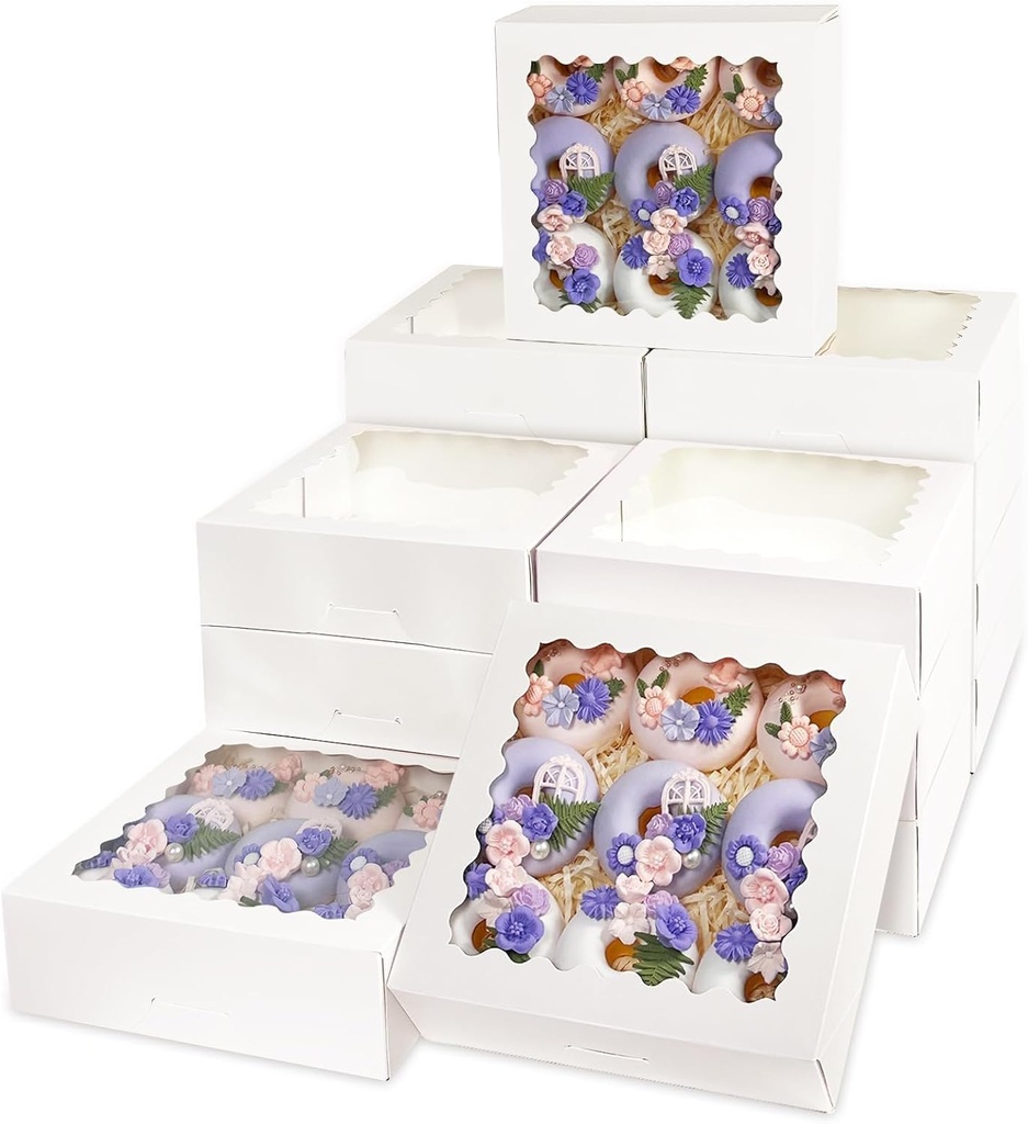 Bakepacker 55pcs White Pie Boxes 8x8x2.5 inches Easy Assemble Macaroon Bakery Boxes Cookie Boxes with Window for Bakery (Auto-pop Up)
