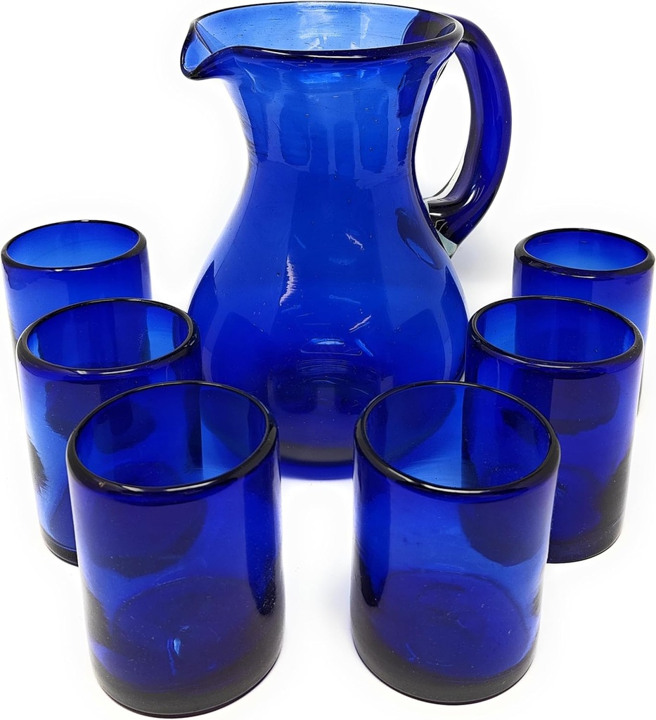 Dos Sueños Mexican Hand Blown Glass Drinkware Set - 6 Tumbler Glasses (10oz) and Pitcher (84oz) – Cobalt