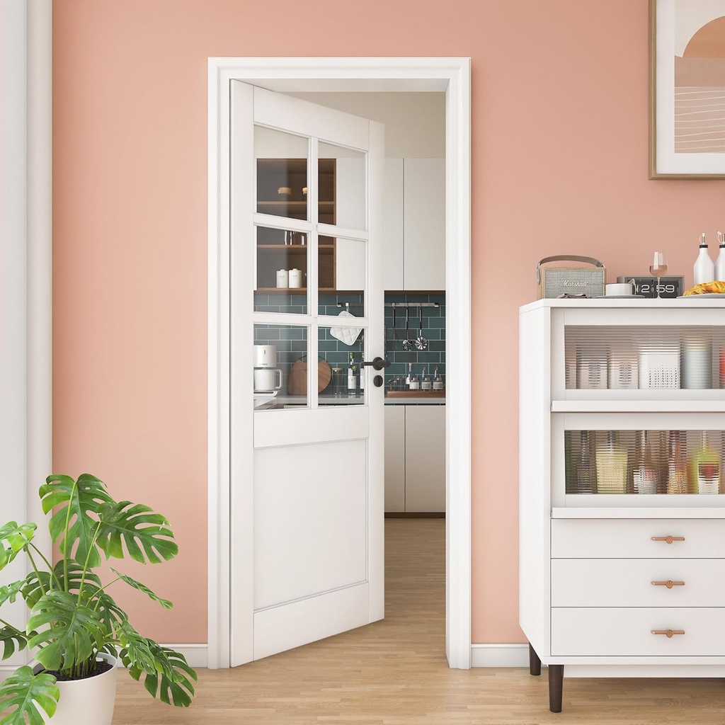 28" x 80" Clear Glass Slab Door, 6-Lite Glass French Interior Door, Pre-Assembled 1-Panel Solid Wood Barn Doors for Living Room Pantry Bedroom Laundry Closet White Pre-Finished Surface w/o Hardware