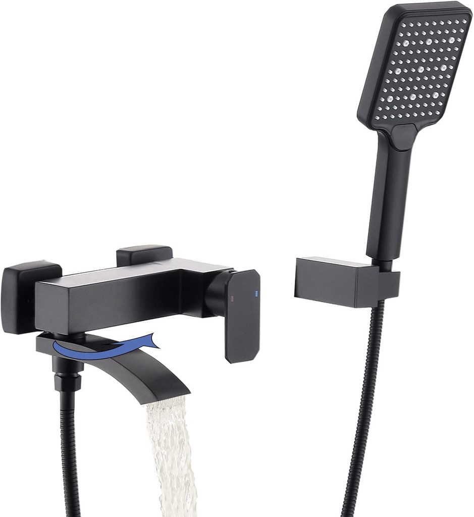 Wall Mount Tub Faucet with 3 Functions Handheld Sprayer, Matte Black Bathtub Shower Faucets with Lengthened Folding Spout