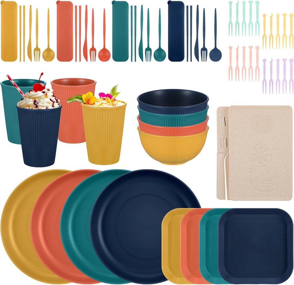 49 Pcs Dinnerware Sets, Unbreakable Plates and Bowls Sets, Reusable Dinnerware Sets for 4 People, Travel Camping Picnic Home Party Cutlery Set, Dishwasher Microwave Safe Dishes