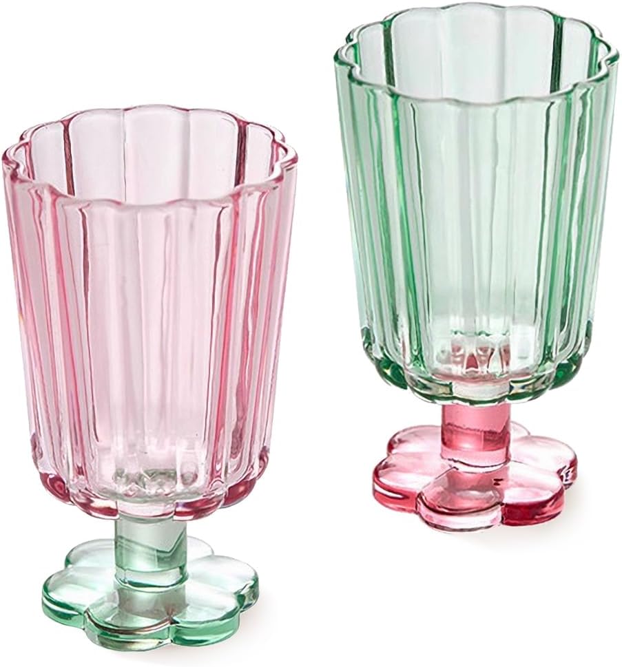 Tall Ripple Drinking Glasses Set of 2 (Pink & Green), Flower Petal Style Glass Goblet, Suitable for Juice, Ice cream, Cocktails, Dessert & More.