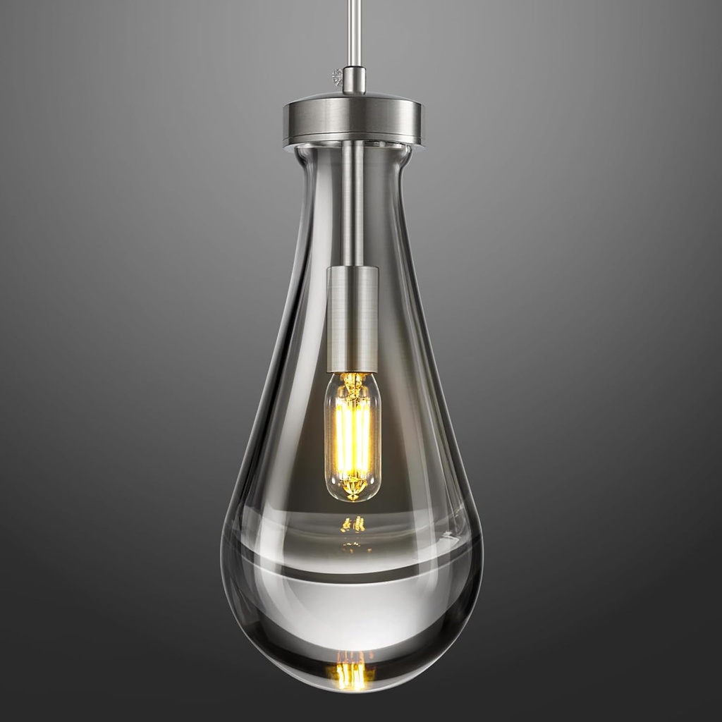 Raindrop Pendant Lights Kitchen Island Teardrop Nickel Hanging Light Fixtures Clear Solid Glass Pendant Light Modern Chandeliers for Dining Room Porch Corridor Living Room(1-Pack)