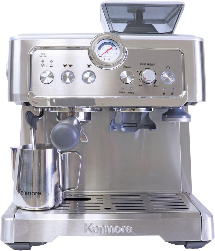 Kenmore Espresso Machine – Automatic Coffee Maker With Manual Tamper, Manual Cleaning, Milk Steamer & Frother, Bean Grinder, Make Professional Barista Style Cappuccino, Café Latte, Stainless Steel