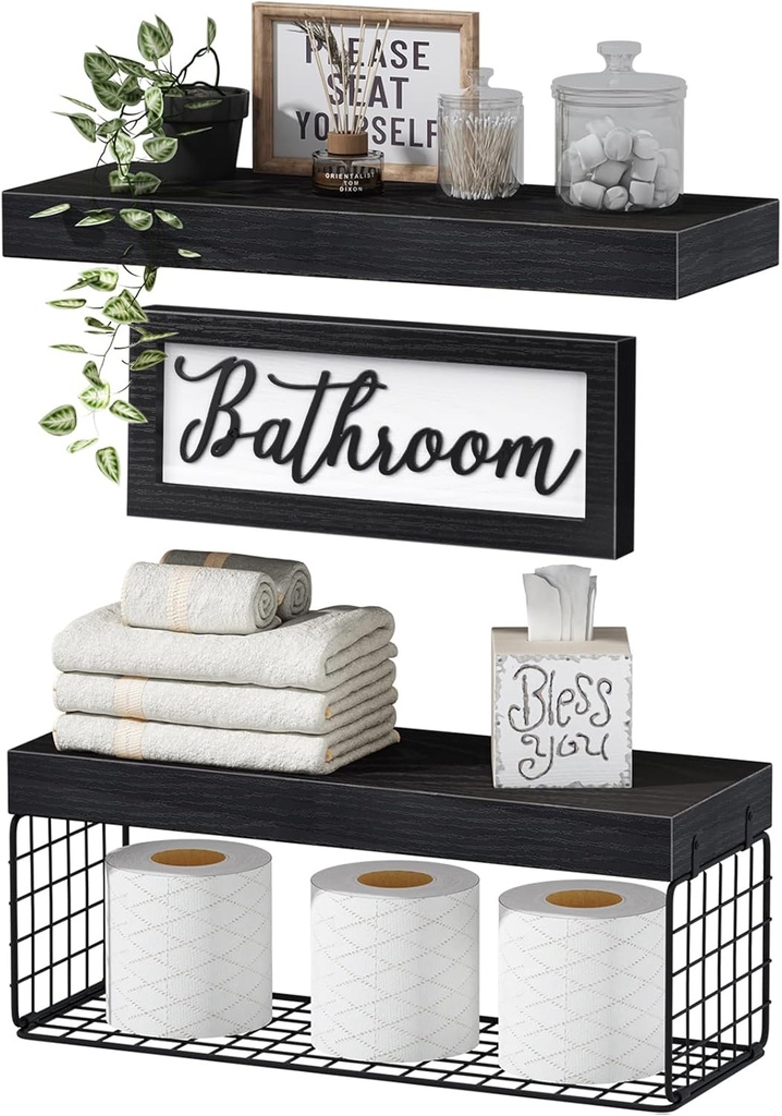 QEEIG ‎Bathroom Shelves Over Toilet - Paper Storage Wall Mounted Farmhouse Decor Decorations Aesthetic Décor Sign Small Floating Shelf 2+1 Set 16 inch, Black (020B)