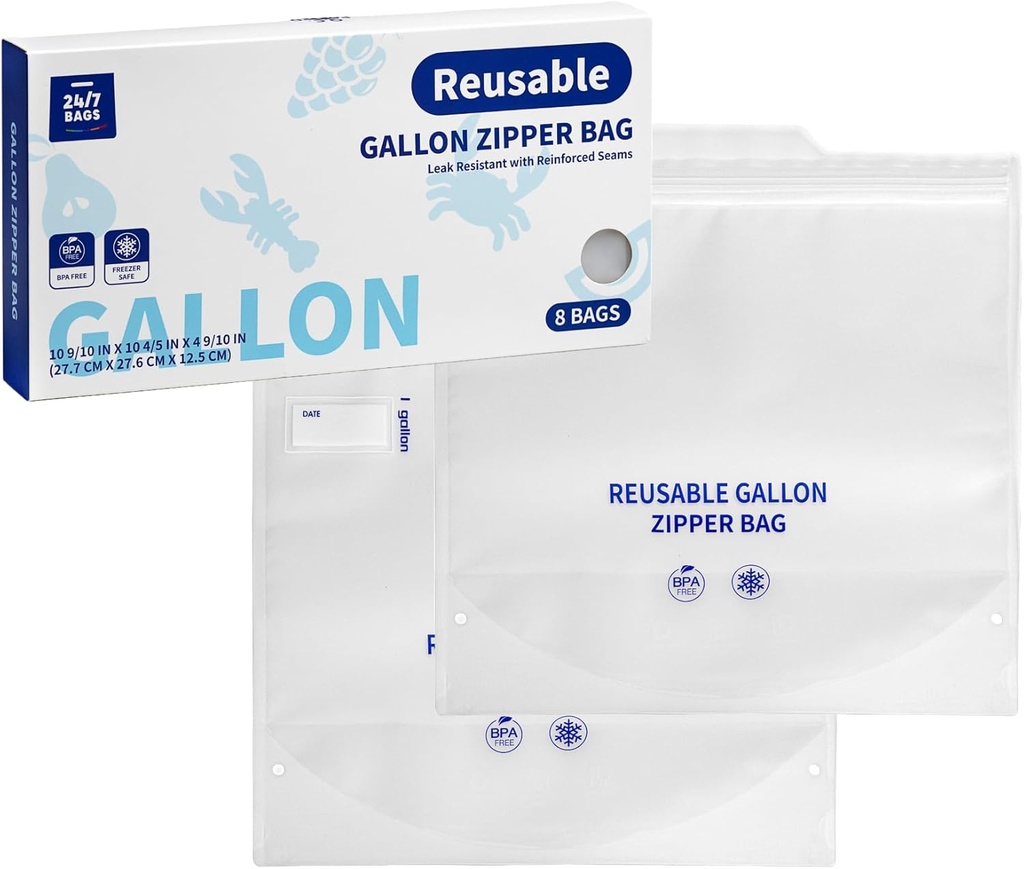 24/7 Bags - Heavy-Duty Reusable Sandwich Food Storage Zip Bags, 8 Count, Double Seal, Freezer and Dishwasher Safe, BPA-Free, Easy Pull Tabs
