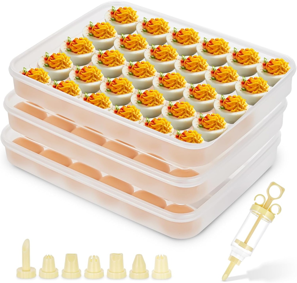 3 Pack 90 Count Deviled Egg Containers with Lid and 8 Pcs Deviled Eggs Injector Piping Tool, Clear Storage Egg Carrier Tray, Fridge Stackable Countertop Portable Egg Platter for Party, Easter, Travel