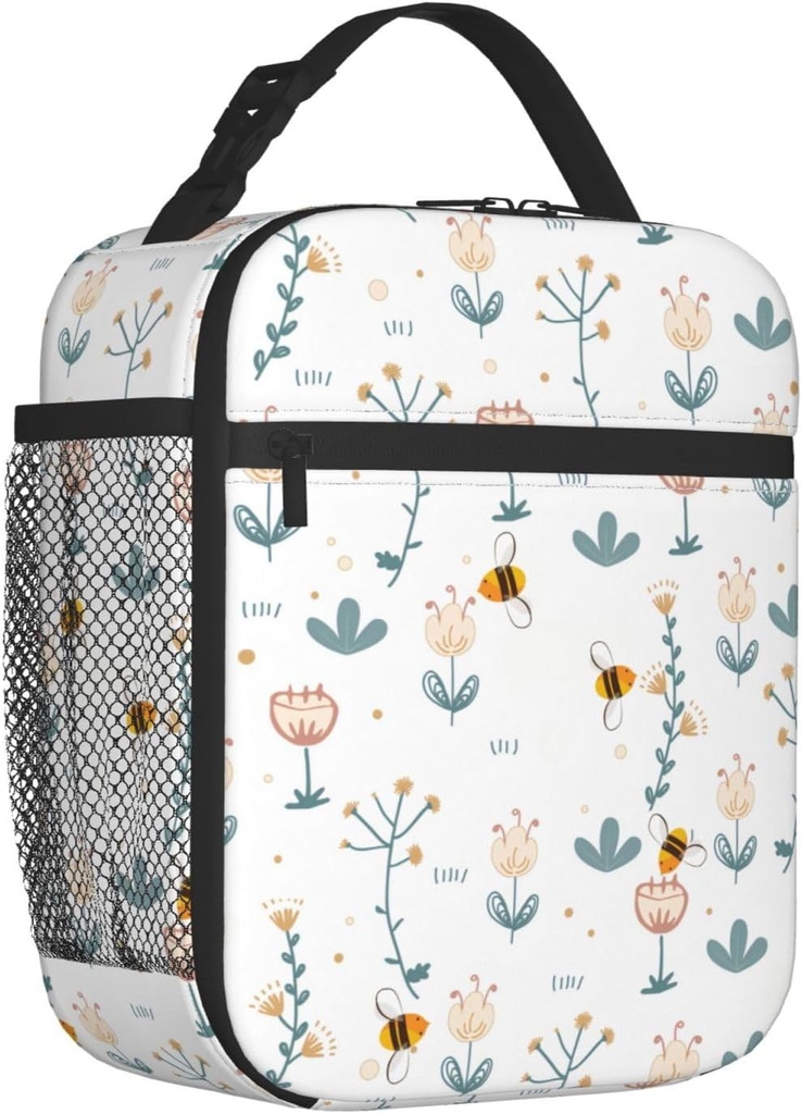 Bee Flowers Lunch Box Insulated Lunch Bag for Women Portable Lunchbox Leakproof Cooler Tote Bag for Work Camping Office Outdoor