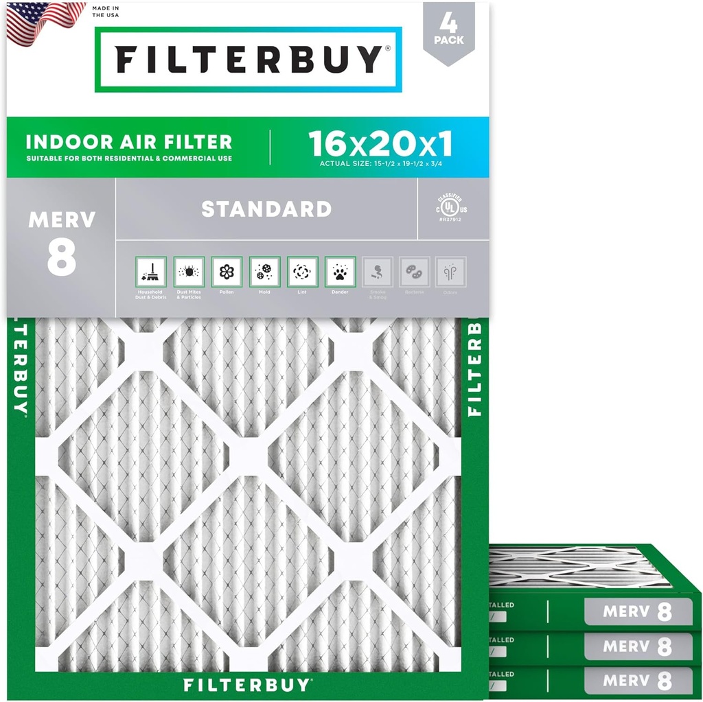 Filterbuy 16x20x1 Air Filter MERV 8 Essential Dust & Allergy Defense (4-Pack), Electrostatic Pleated HVAC AC Furnace Filters Replacement, Made in USA (Actual Size: 15.50 x 19.50 x 0.75)
