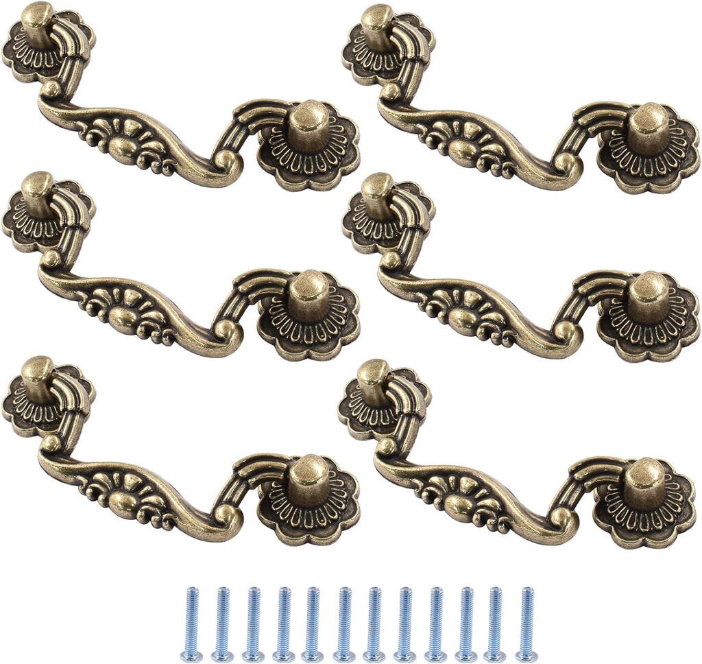 Murtenze 6PCS Antique Bronze Drop Drawer Pulls, Vintage Drop Bail Pulls Handles 3 Inch Hole Centers Bail Handle Drop Pulls for Dresser Cupboard Cabinet Woodeboxes(Total Length 3.97 Inches)