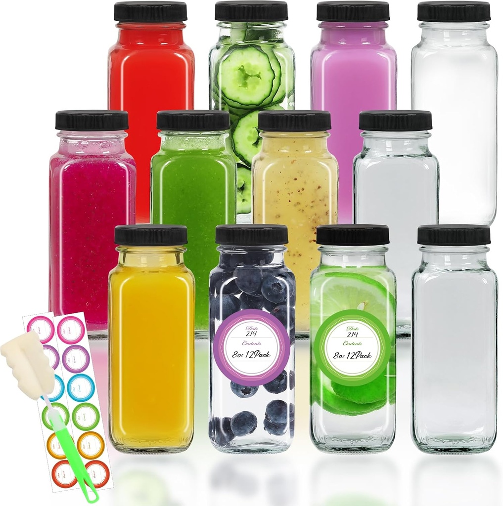 STARSIDE 8 oz Glass Juice Bottles with Lids 12 Pack - Square Reusable Drinking Jars for Juicing, Milk, Kombucha - Includes 1 Bottle Brush, 12 Colored Labels