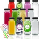 STARSIDE 8 oz Glass Juice Bottles with Lids 12 Pack - Square Reusable Drinking Jars for Juicing, Milk, Kombucha - Includes 1 Bottle Brush, 12 Colored Labels