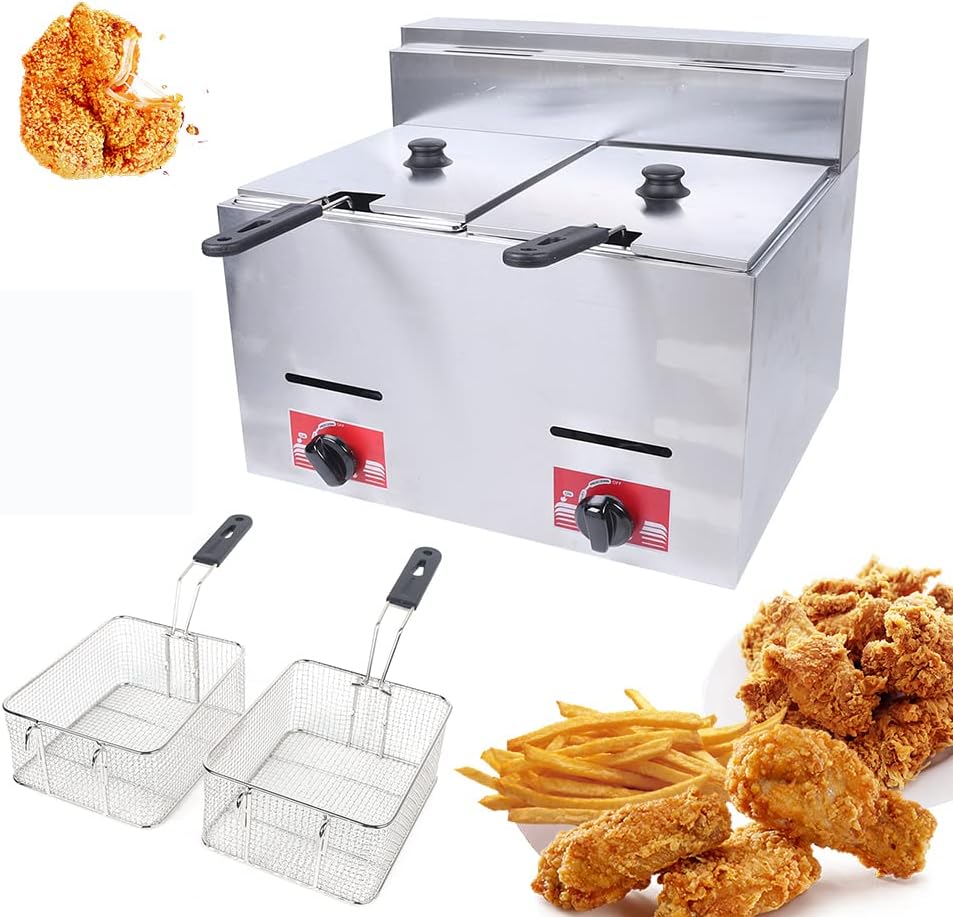 Commercial Countertop LPG Gas Fryer Deep Fryer 2-Basket Countertop Deep Gas Fryer Stainless Steel 6L*2 Deep Fryer for French Fries Restaurant Home Kitchen (US Stock)