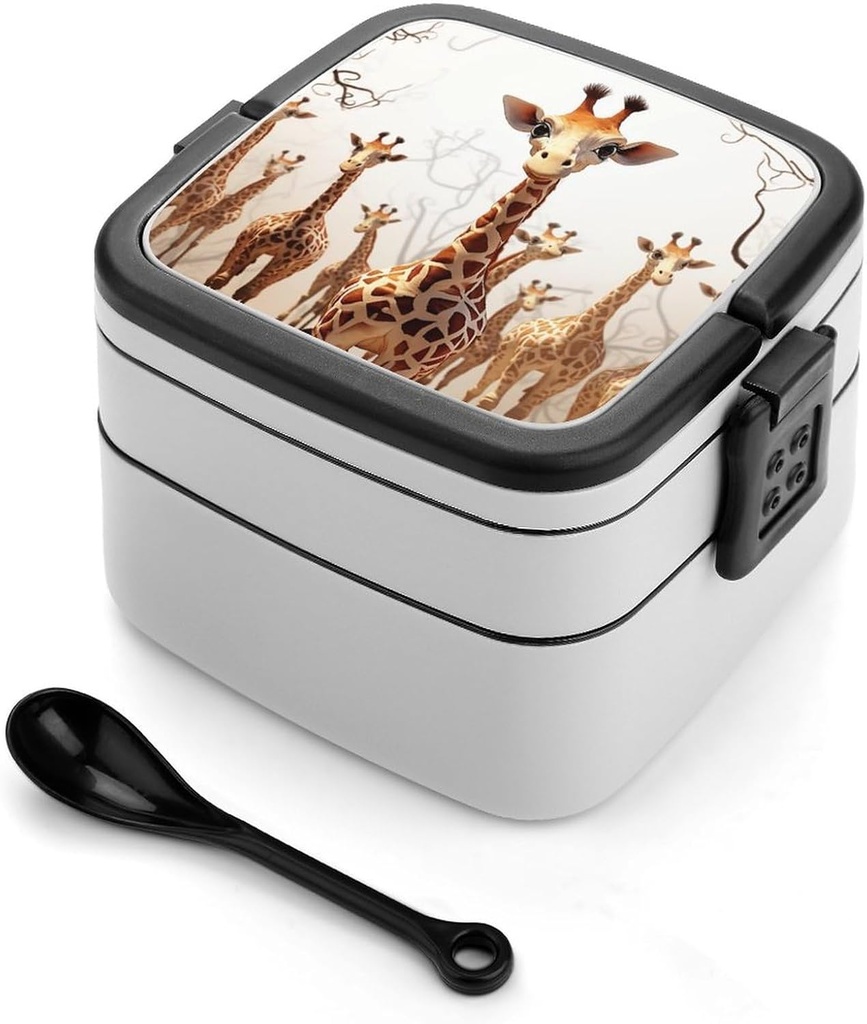 All-in-One Bento Box Stackable Leak-Proof Lunch Box With Carry Handle 2 Layer Portable Meal Prep Container Cute Cartoon Funny Giraffes Lunchbox with Utensils for Dining Out Work, Black