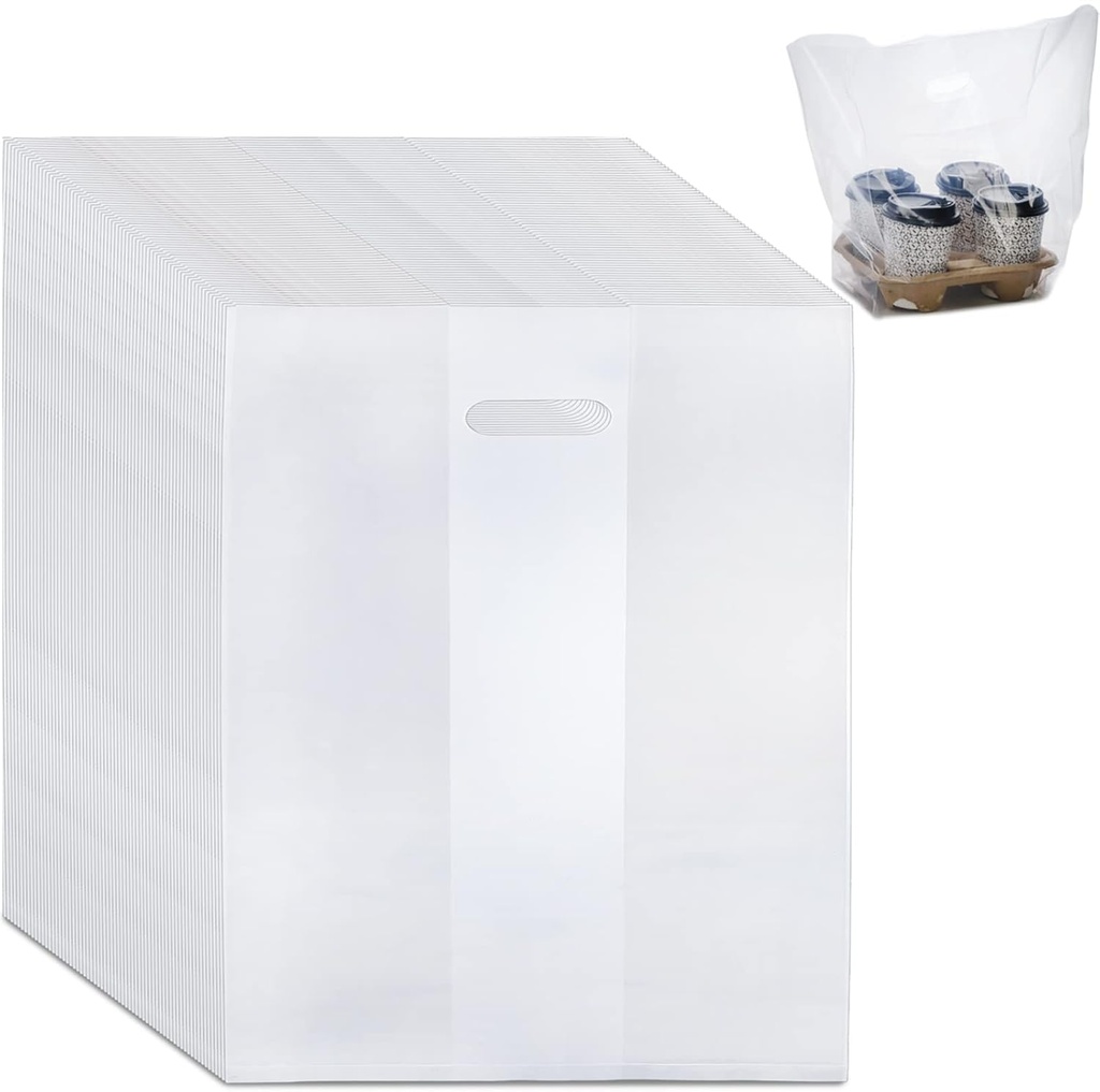 DEAYOU 100 PCS Large Handle Drinking Poly Bag, Clear Cup Carrier for 4-Cup Coffee Tray, 9"L x 17"H Plastic Packaging Bag for Drink Holder, Delivery, Take Out Hanging Hole Food Storage Bag for Beverage