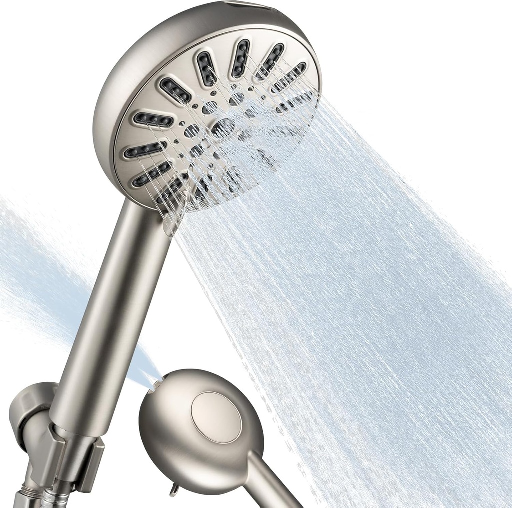 High-Pressure 8-Mode Handheld Shower Head - Anti-clog Nozzles, Built-in Power, Wash to Clean Tub, Tile & Pets, Extra Long 59 In Stainless Steel Hose, Wall & Overhead Brackets Brushed Nickel