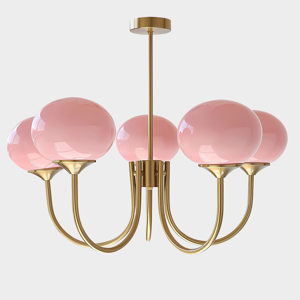 5-Light Pink Glass Ceiling Light Brass Gold Globe Pendant Light Modern Pink Bubble Chandelier Girls Bedroom Chandelier Light Fixture