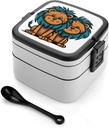 Clipart Lion Bento Box with Spoon, 2-layer Stackable Lunch Box Leak Proof with Invisible Handle, Insulated Food Storage for Office, Picnic & Travel