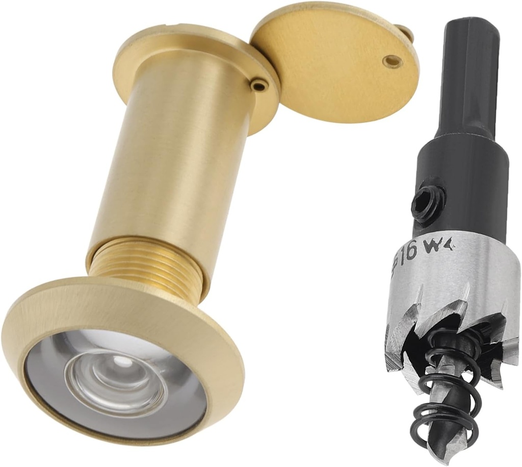 Door Viewer Peephole, Solid Brass 200 Degree Peephole with 16 MM Drill Bit, 5/8 Inch Pipe Diameter Viewer with Heavy Duty Privacy Cover for 1-3/8" to 2-1/6" Doors (Gold)