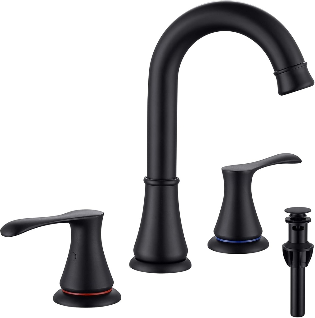 3 Hole Bathroom Faucet with Pop Up Drain and cUPC Faucets Supply Hose, WiPPhs 360 Degree Swivel Spout 2 Handle 8 inch Matte Black Widespread Bathroom Sink Faucet, Basin Faucet Mixer Taps