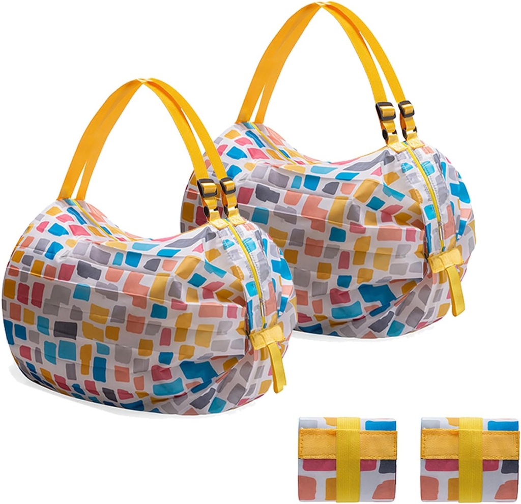 Fashion & Lifestyle 2 PCS Reusable Grocery Bags, Portable Shopping Bags,Foldable Washable Shopping Bags Large Capacity Waterproof storage bag (Yellow Belt)