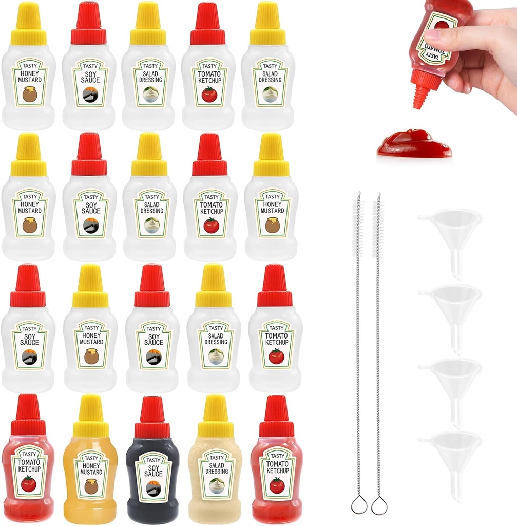 20 Pcs Mini Ketchup Bottles for Bento Box Accessories, WATUNID 25ml Portable Condiment Squeeze Bottles with 4Pc Funnels and 2Pc Cleaning Brushes, Plastic Empty Sauce Bottles Containers for Kids Adults