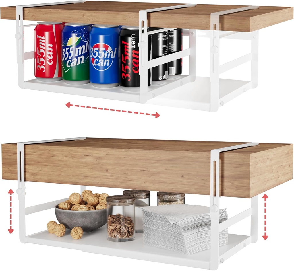 Under Shelf Storage Basket Organizer Expandable - Adjustable Width Height Cabinet Space Saver - Clip On Metal Hanging Rack - 30lb Capacity Kitchen Office Bathroom Declutter Solution - 2 Pack, White