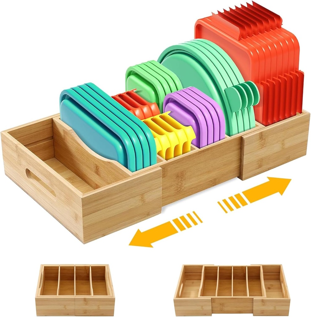 Expandable Food Container Lid Organizers Inside Cabinet, Bamboo Lids Organizer with 3 Adjustable Dividers Groove Design, Food Storage Plastic Lid Holder for Kitchen Storage, Organization