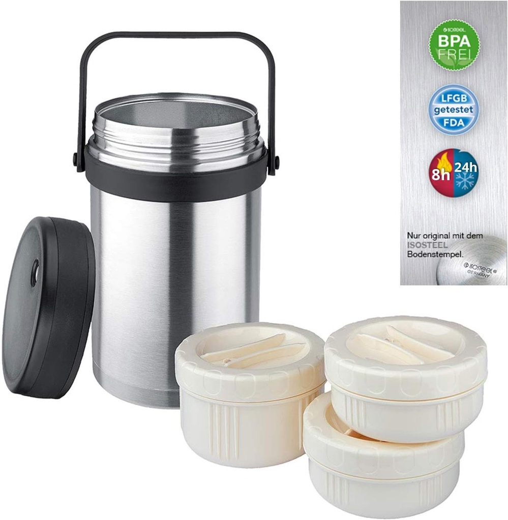 Isosteel VA-9683 1.5 liter 51 fl. oz 18/8 Stainless Steel Double-Wall Vacuum Food Container incl. 3 plastic containers