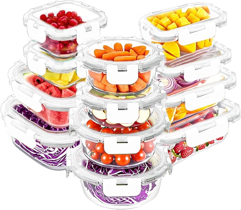 VERONES 12 Packs Glass Food Storage Containers Set, Airtight Glass Lunch Containers, Glass Meal Prep Containers with Lids,Exclusive of BPA, for Microwave, Oven, Freezer & Dishwasher Friendly,White