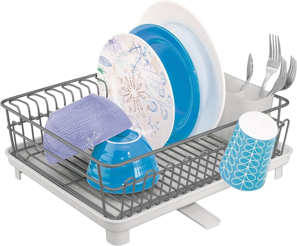 mDesign Alloy Steel Sink Dish Drying Rack Holder with Plastic Swivel Spout Drainboard Tray - Dish Rack/Dish Drainer Storage Organizer for Kitchen Counter - Concerto Collection, Dark Gray/Light Gray