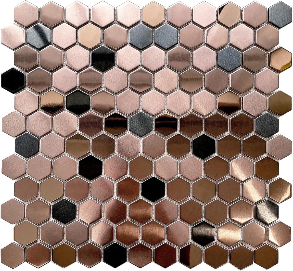 Blujellyfish Hexagon Stainless Steel Brushed Mosaic Tile Bronze Copper Color Black Bathroom Kitchen Backsplash Shower Floor Tiles Accent Mosaics Tile Sheets (5 Square Feet)